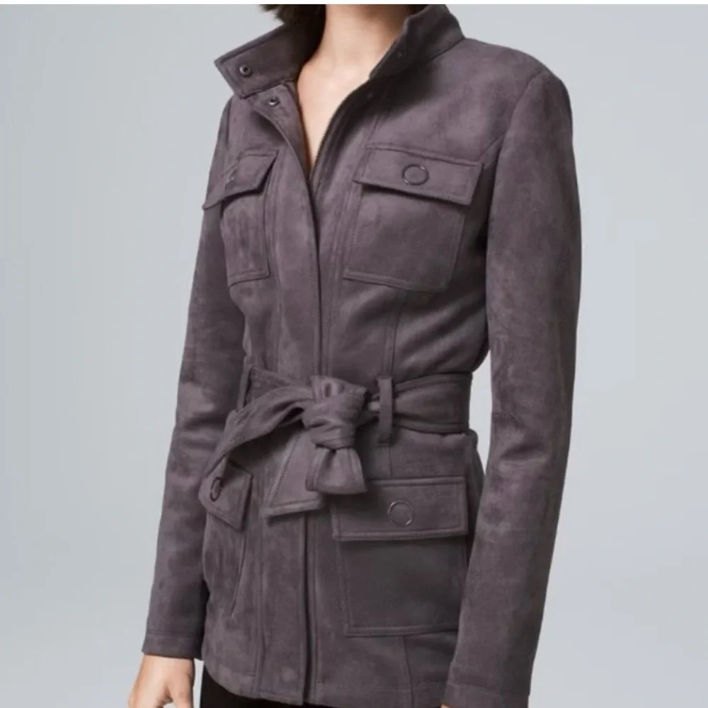 White House Black Market WHBM Belted Faux Suede Jacket in Blackened Pearl XS